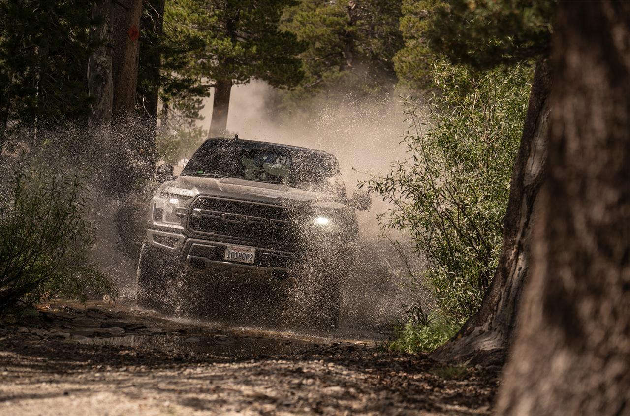 '19-20 Ford Raptor Fox Factory Race Series 3.0 Live Valve Internal Bypass Coilovers & PB Rear Shock Package Display on Vehicle 