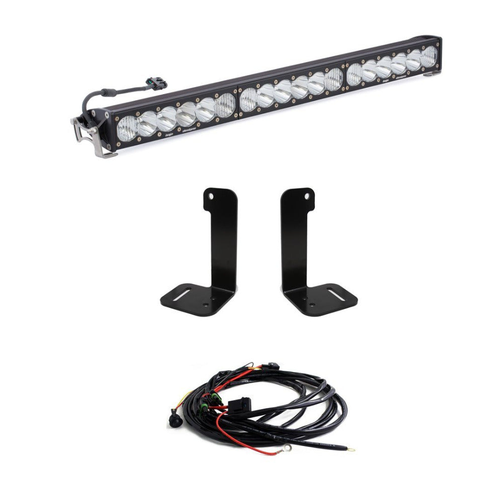 '20-22 Jeep JT Gladiator Bumper 30" ONX6+ LED Light Kit Lighting Baja Designs Display of Included Parts 