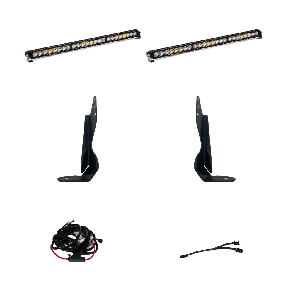 '20-22 Chevy/GMC 2500/3500 Baja Designs Dual 30" S8 Behind the Grille LED Light Bar Kit Display of Included Parts 