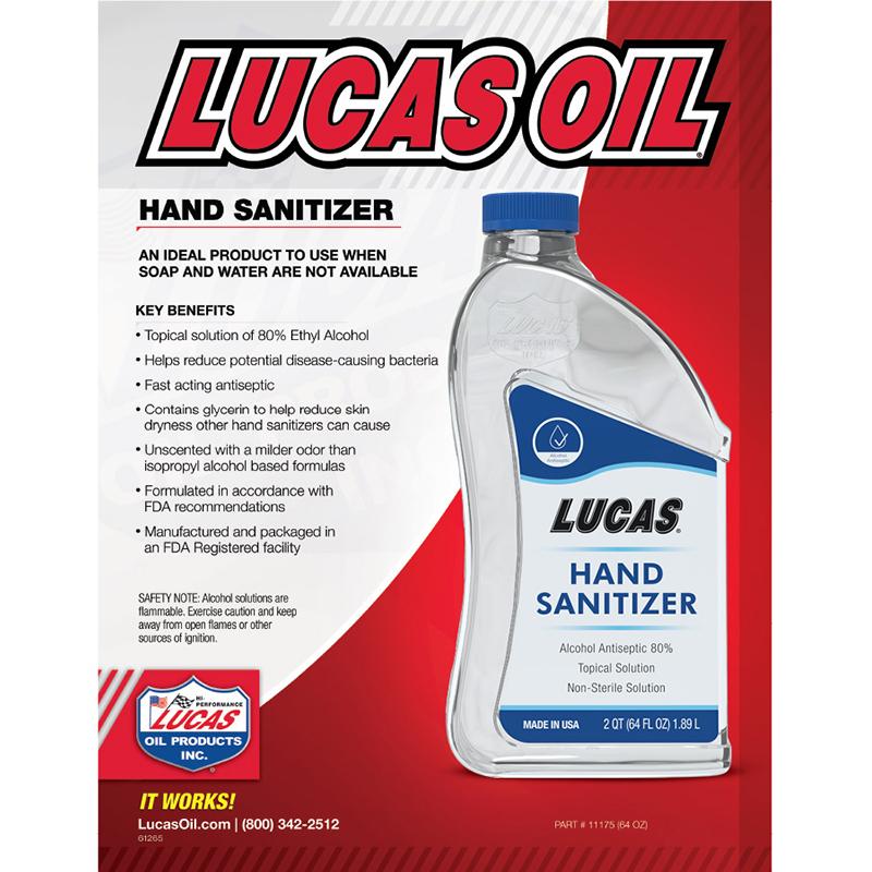 Lucas Oil Hand Sanitizer 2qt Oils and Grease Lucas Oil description